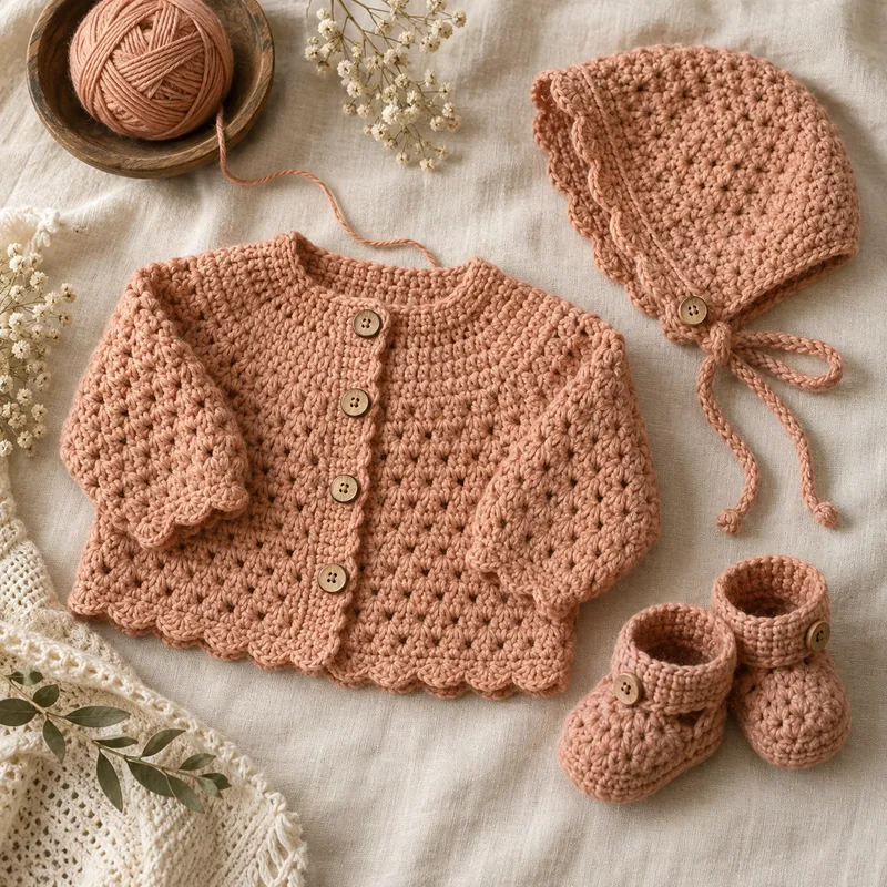 Illustrative peach crochet baby cardigan, bonnet, and booties on cream linen