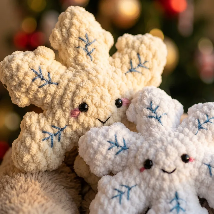 Close view of two cream and white plush crochet snowflakes with blue embroidered branch details