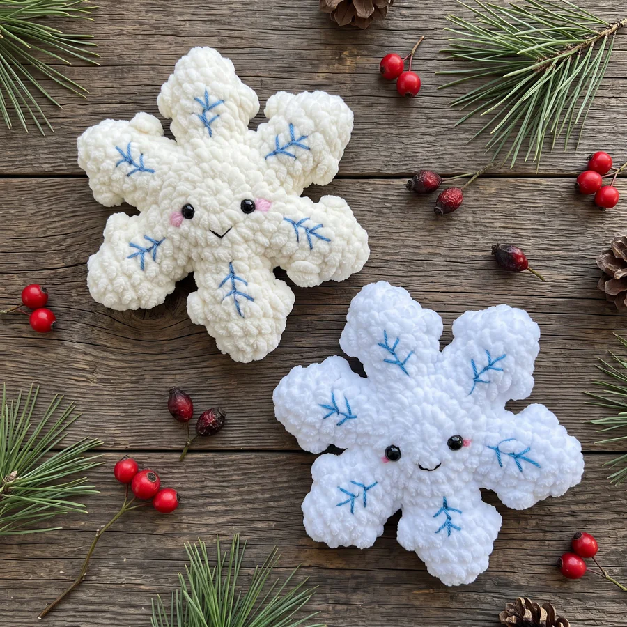 Two plush crochet snowflakes arranged with pine branches, berries, and pinecones on a wooden background