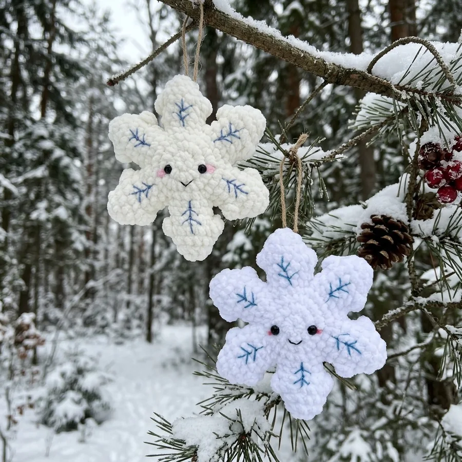 Two finished plush crochet snowflakes hanging from a snow-covered pine branch