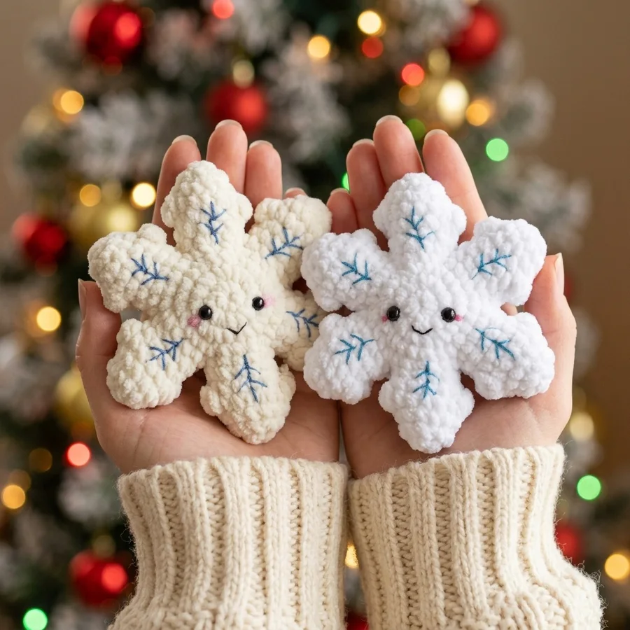 Two palm-sized plush crochet snowflakes held in front of a Christmas tree