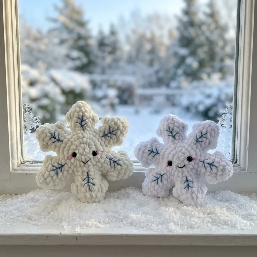 Two plush crochet snowflakes standing on a snowy windowsill
