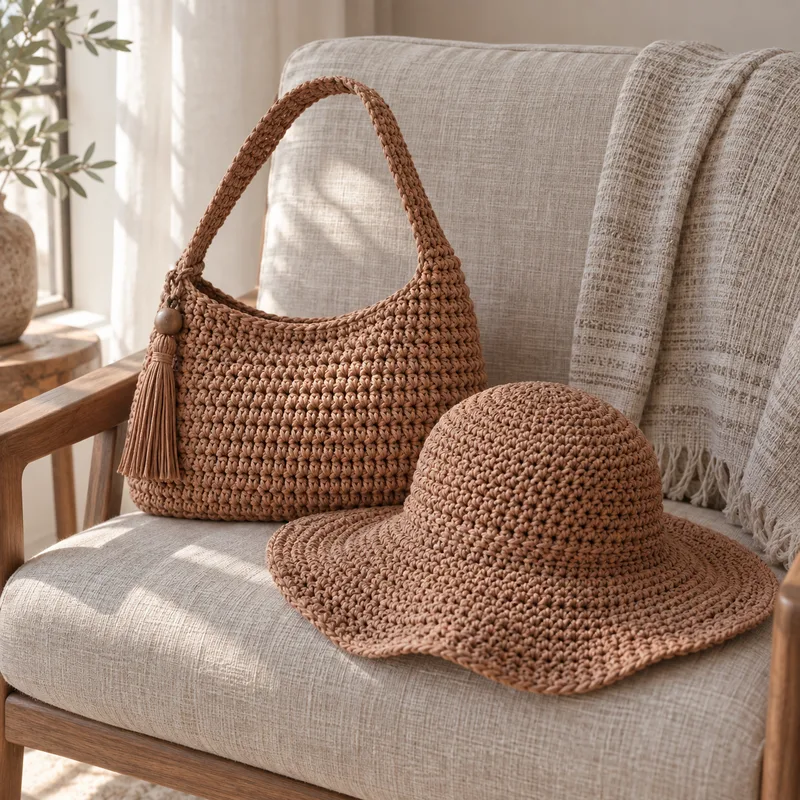 Illustrative crochet bag and hat in a quiet studio setting