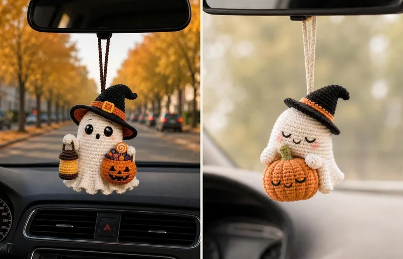 Side-by-side product photos of two crochet ghost car charms: a witch-hat ghost holding a lantern and sweet bucket, and a sleeping ghost holding a pumpkin