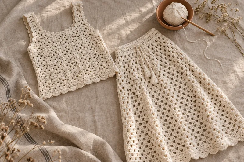 Illustrative ivory crochet top and matching skirt arranged on linen