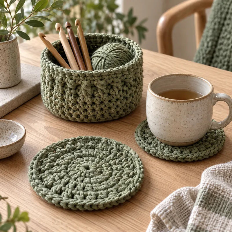 Illustrative sage crochet coasters and storage basket beside a ceramic cup
