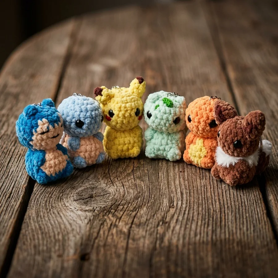 Six plush crochet character keychains grouped on a rustic wooden table