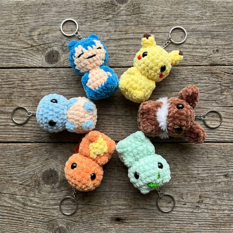 Six plush crochet keychains arranged in a circle with their metal rings visible