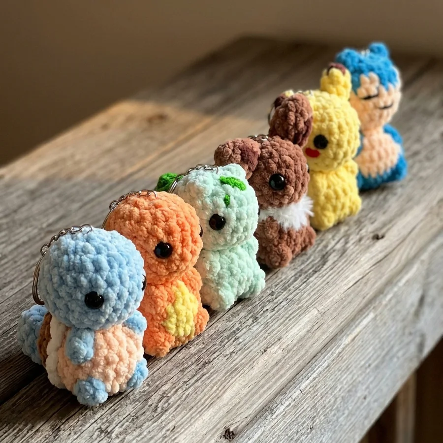 Six plush crochet character keychains lined diagonally on a wooden bench