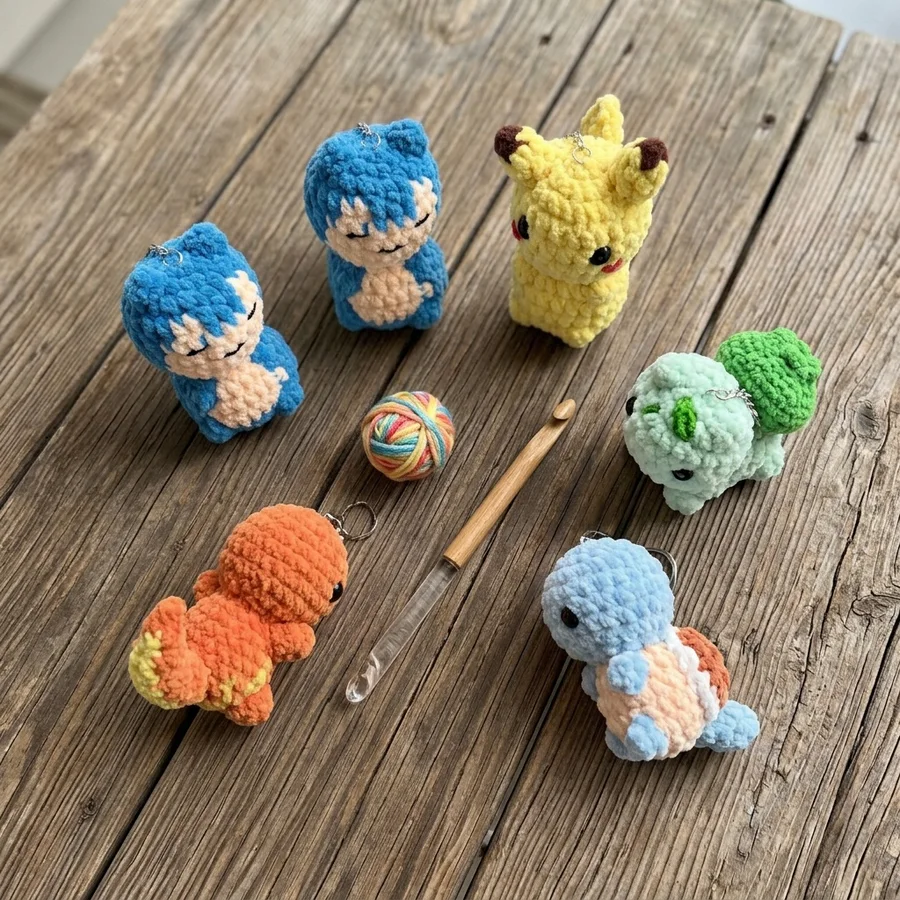 Small plush crochet characters arranged around a crochet hook and a ball of multicolored yarn