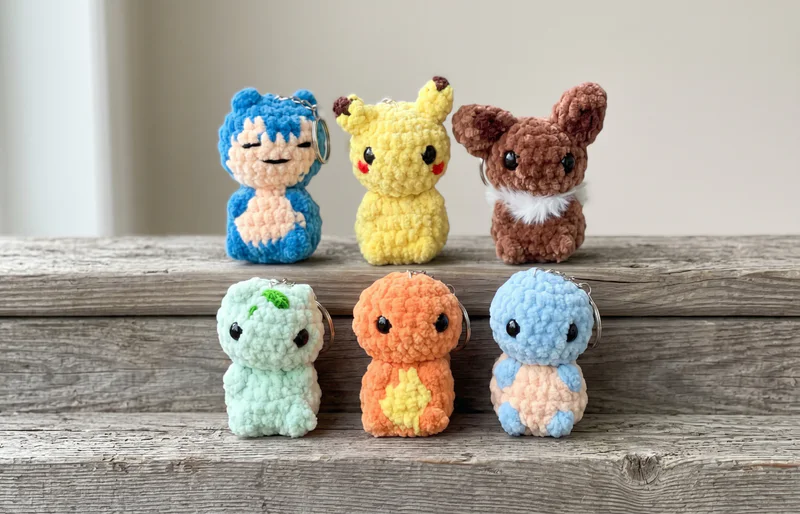 Six small plush crochet characters in blue, yellow, brown, mint, orange, and pale blue arranged on rustic wooden shelves