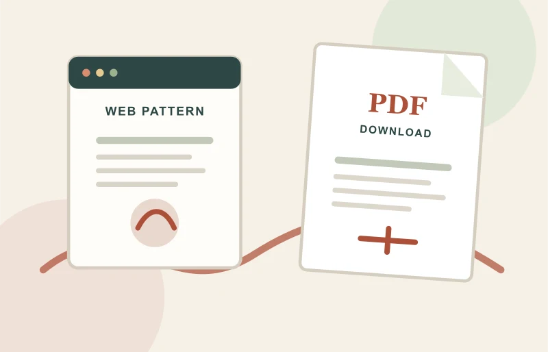 Illustrated comparison of a web crochet pattern and a downloadable PDF beside yarn